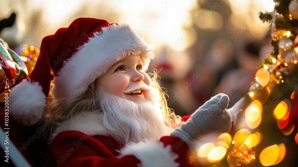 A little girl dressed as Santa Claus is holding a lighted tree ornament A little girl dressed as Santa Claus is holding a lighted tree ornament