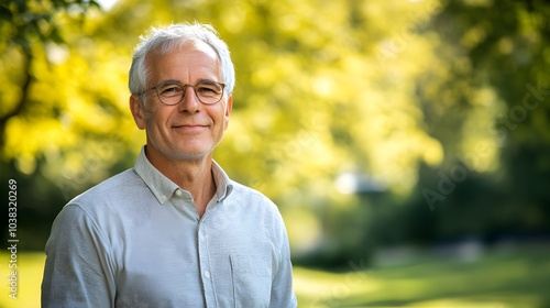 Over shoulder portrait of gray-haired senior man in park