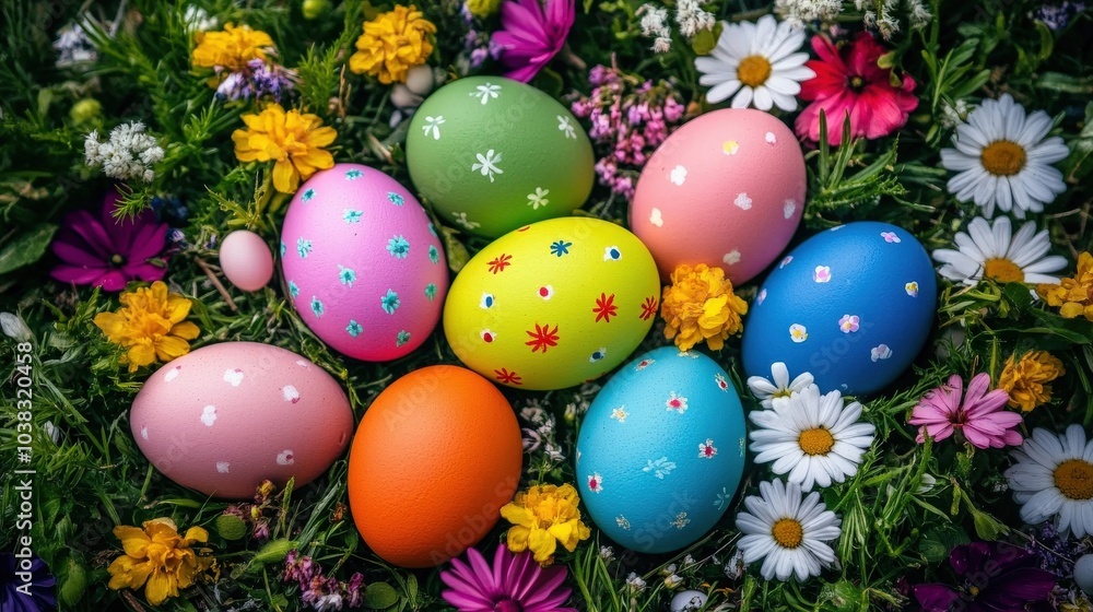 A bunch of colorful eggs are scattered in a field of flowers A bunch of colorful eggs are scattered in a field of flowers