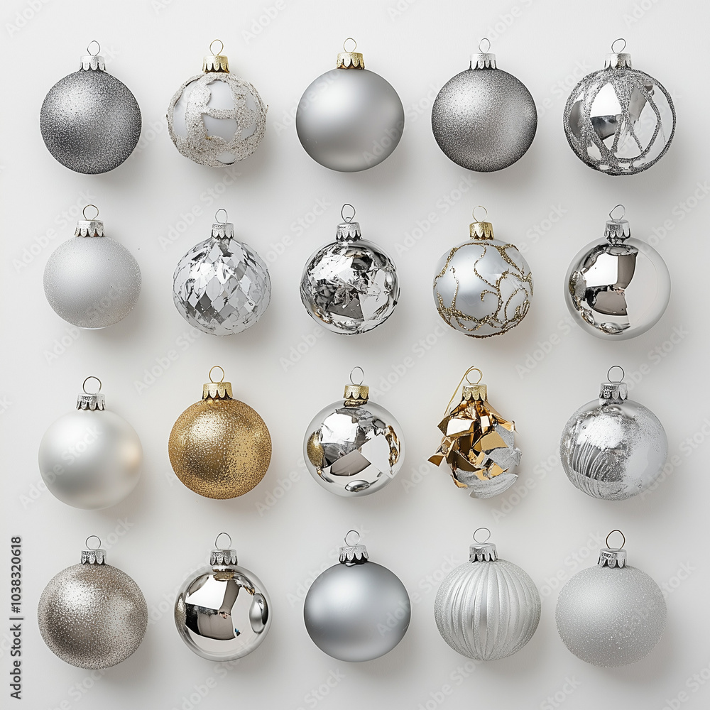 Silver and gold Christmas baubles decoration on bright background. Flat lay. Holiday concept. Silver and gold Christmas baubles decoration on bright background. Flat lay. Holiday concept.