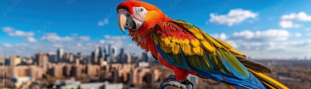 Obraz premium Colorful Parrot Perched on Balcony with City Skyline View