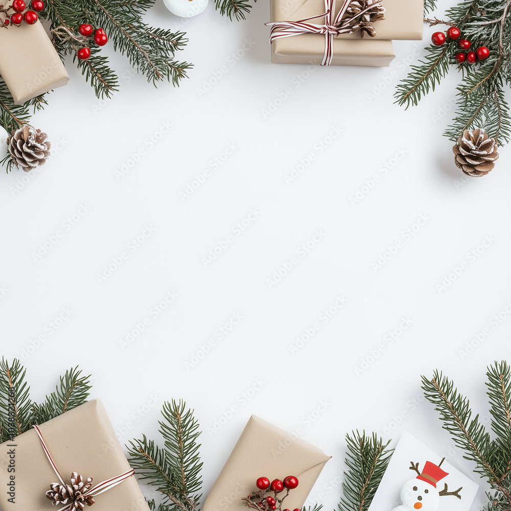 A white background displays Christmas decorations, including gift boxes and green spruce twigs with red berries. Christmas tree branches, snowman elements, with space for text or logo A white background displays Christmas decorations, including gift boxes and green spruce twigs with red berries. Christmas tree branches, snowman elements, with space for text or logo