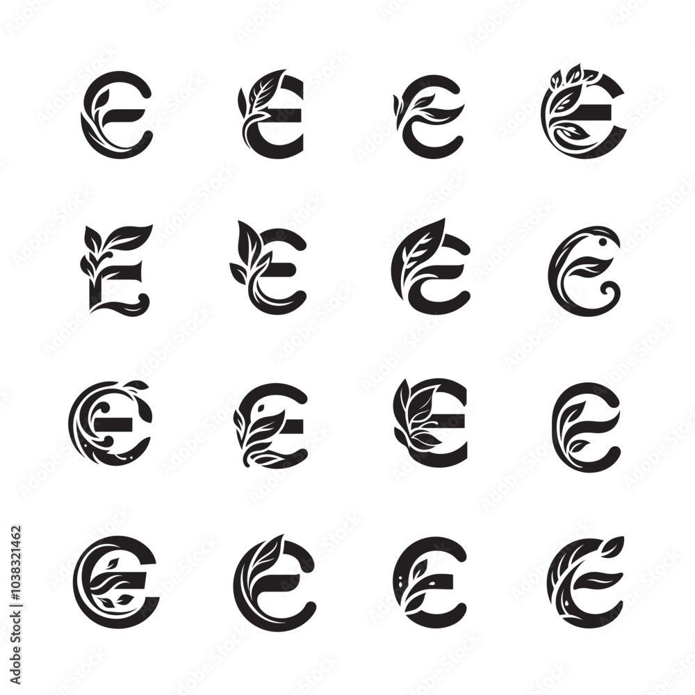 Alphabet Letter E with Leaf Shape Silhouette Vector Logo Icon Set for Eco-Friendly Branding and Nature Designs Alphabet Letter E with Leaf Shape Silhouette Vector Logo Icon Set for Eco-Friendly Branding and Nature Designs