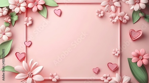 Pink Flowers and Hearts Surrounding a Blank Pink Background