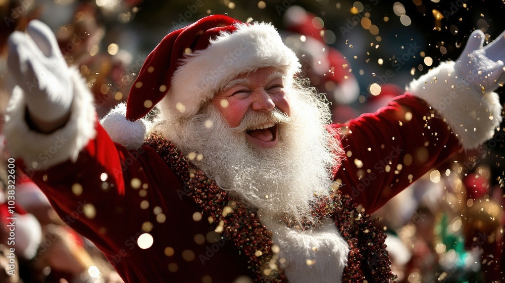A man dressed as Santa Claus is throwing confetti in the air A man dressed as Santa Claus is throwing confetti in the air