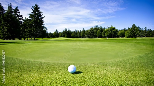 A golf ball sits on a putting green surrounded by lush trees.