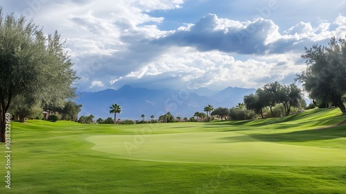 A golf course with palm trees and mountains in the background.