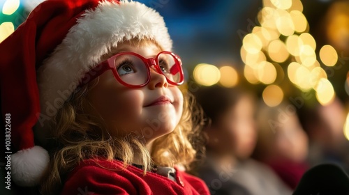 A little girl wearing a red hat and glasses is looking up at the camera