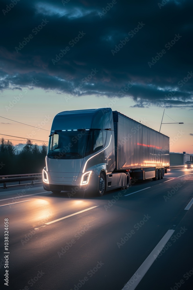 Technology Digital Future of Cargo Container Logistics Transport Concept, Container Freight Truck, Modern futuristic Import Export Transportation Background. Front view, spring morning or evening Technology Digital Future of Cargo Container Logistics Transport Concept, Container Freight Truck, Modern futuristic Import Export Transportation Background. Front view, spring morning or evening
