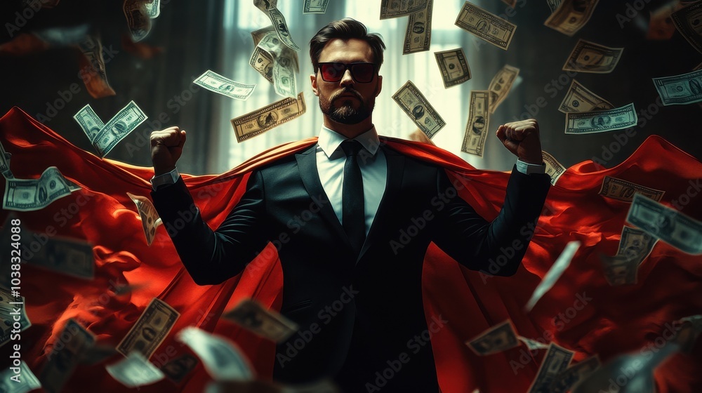Fototapeta premium Super business man wears black suits and red robes with super heroes winner concept on a lot of money dollars background and riches. Investors receive a lot of profits.