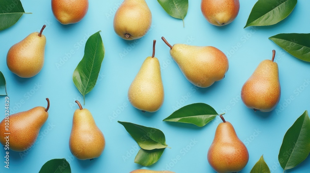 A close-up of pears lying on a cool blue background, emphasizing their juicy appearance and fresh green leaves A close-up of pears lying on a cool blue background, emphasizing their juicy appearance and fresh green leaves