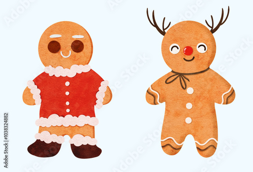 Watercolor Santa and Reindeer Gingerman Bread Cookie Illustration for Christmas Decoration