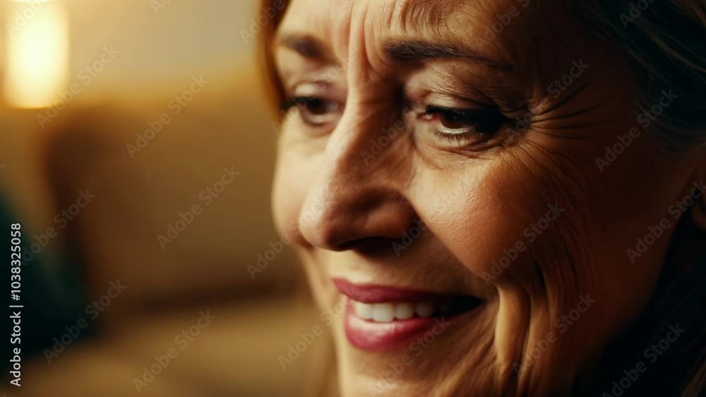 Close-up video of a middle-aged woman with warm, intimate lighting, expressing empathy with a compassionate gaze and understanding smile. Close-up video of a middle-aged woman with warm, intimate lighting, expressing empathy with a compassionate gaze and understanding smile.