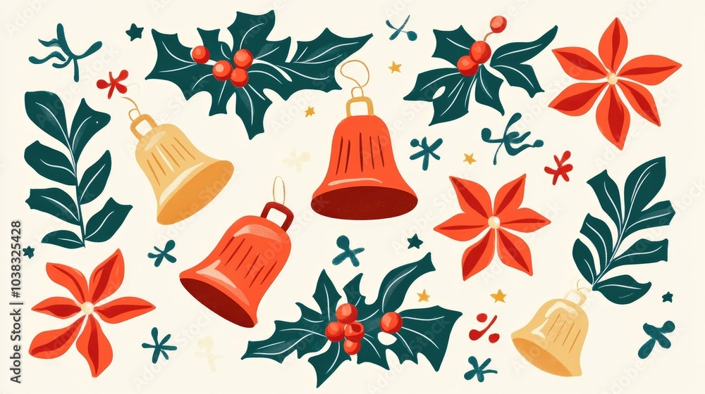 Christmas bells and mistletoe flat design top view holiday Christmas bells and mistletoe flat design top view holiday