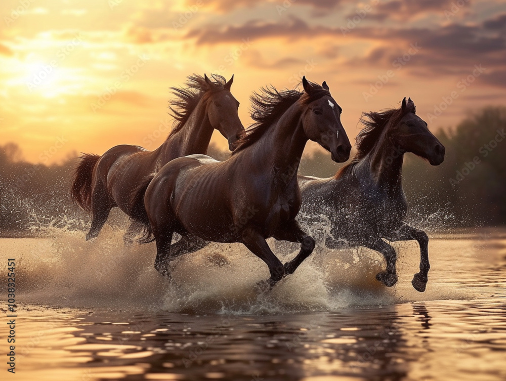 At sunset, horses run along the sandy shore of the ocean. At sunset, horses run along the sandy shore of the ocean.
