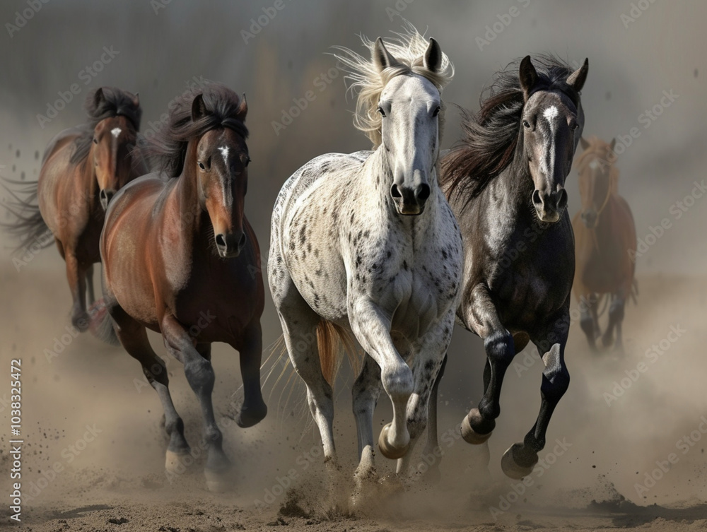 Obraz premium At sunset, horses run along the sandy shore of the ocean.