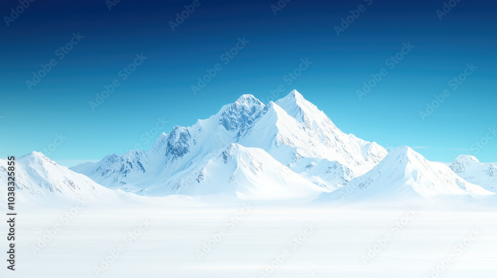 Fototapeta premium Majestic snow covered mountains rise against clear blue sky, creating serene winter landscape. vast expanse of white snow enhances tranquil beauty of this remote location