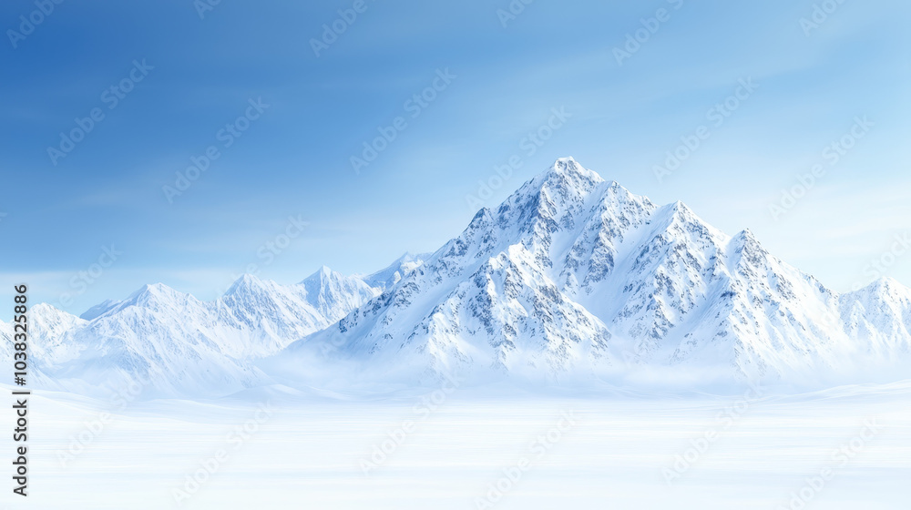 Majestic snow covered mountains rise against clear blue sky, creating serene winter landscape. vast expanse of white snow adds to tranquil beauty of this natural scene Majestic snow covered mountains rise against clear blue sky, creating serene winter landscape. vast expanse of white snow adds to tranquil beauty of this natural scene