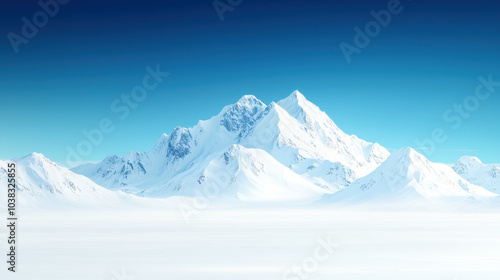 Majestic snow covered mountains rise against clear blue sky, creating serene winter landscape. vast expanse of white snow enhances tranquil beauty of this remote location