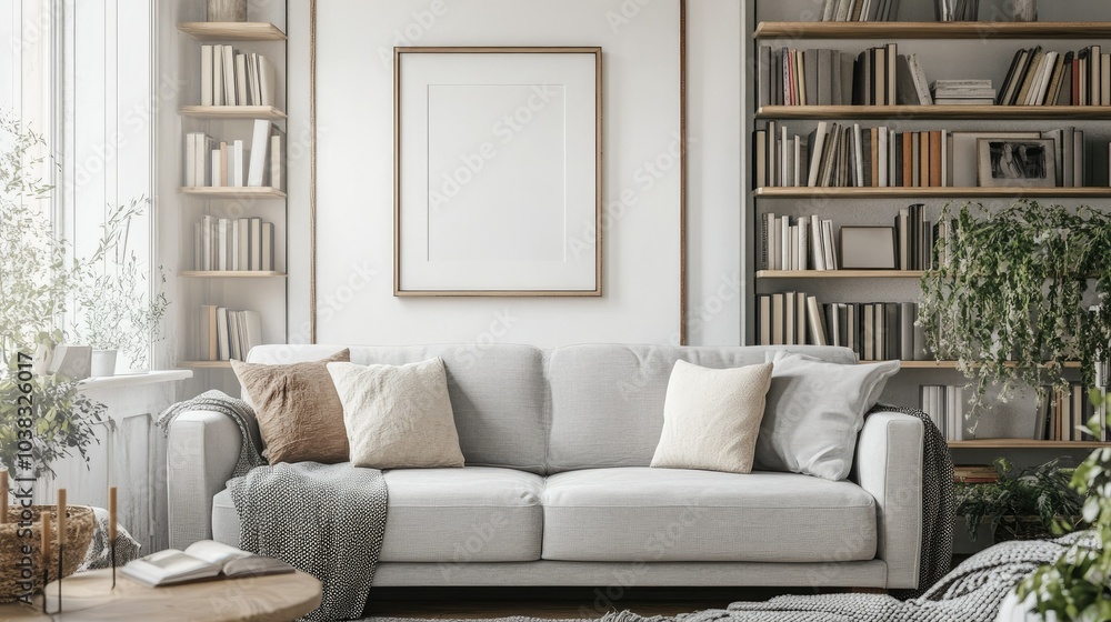 Fototapeta premium A cozy living room with a soft gray sofa, framed artwork, and a chic bookshelf, creating a sophisticated home design