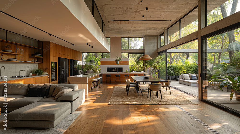 Modern open plan living room with kitchen and garden view bathed in warm sunlight Modern open plan living room with kitchen and garden view bathed in warm sunlight