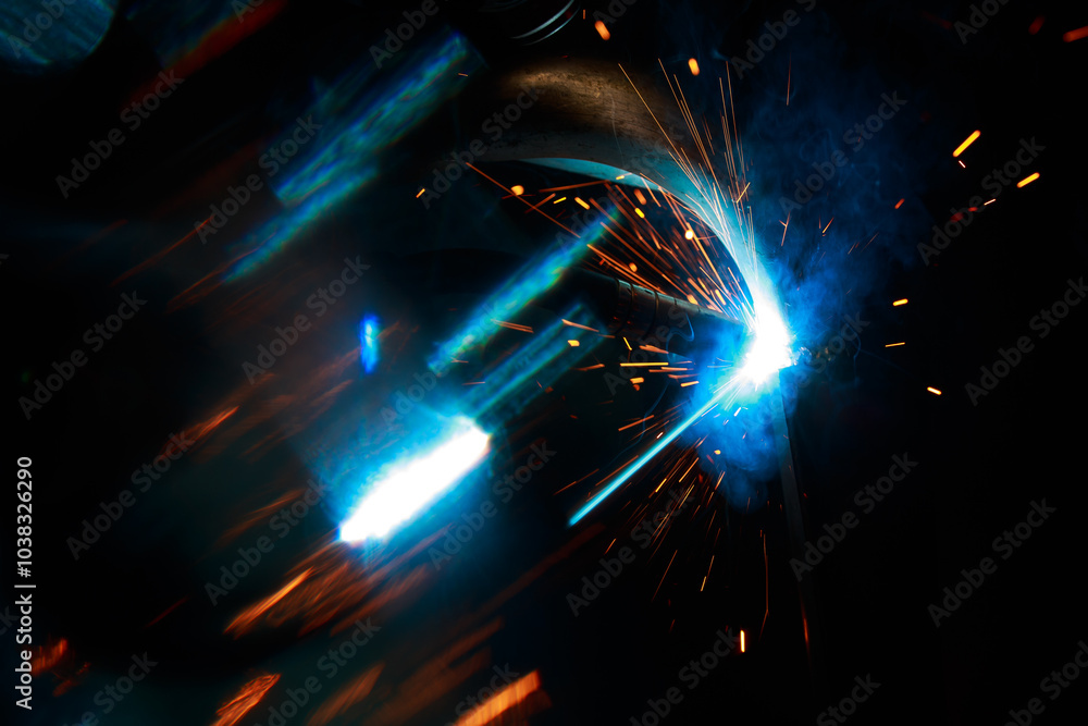 Arc welding. Welding pipes in inert gases. MIG / MAG. A bright flash of light and a sheaf of sparks. Arc welding. Welding pipes in inert gases. MIG / MAG. A bright flash of light and a sheaf of sparks.