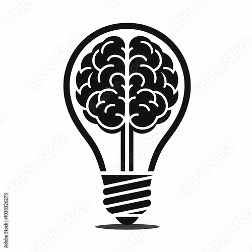 Black minimalist silhouette of a lightbulb with a brain inside on a white background, perfect for creativity, innovation, or intelligence-themed designs.