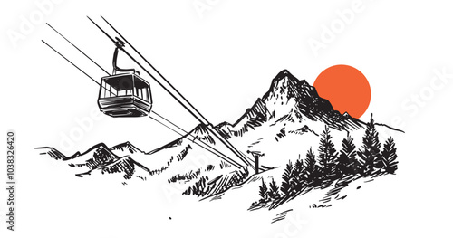 Ski lift in the mountains, hand drawn.