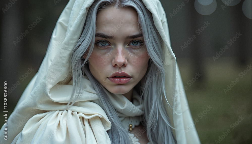 Intense close-up of a woman with platinum blonde hair and piercing eyes wearing white hood Intense close-up of a woman with platinum blonde hair and piercing eyes wearing white hood