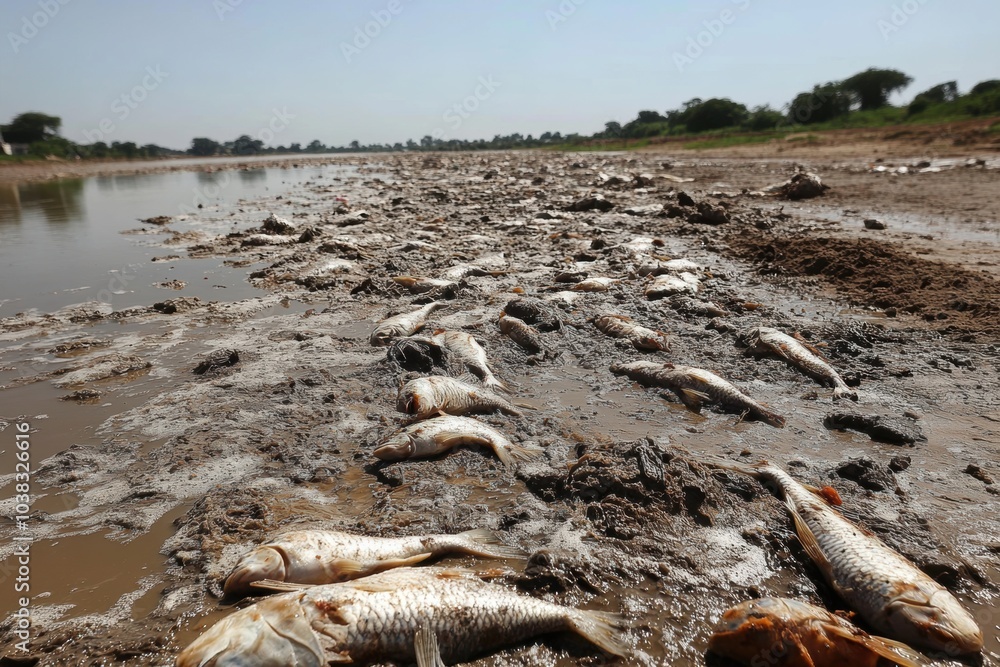 A riverbank littered with dead fish, emphasizing the environmental damage caused by pollution, waste, and water contamination. A riverbank littered with dead fish, emphasizing the environmental damage caused by pollution, waste, and water contamination.