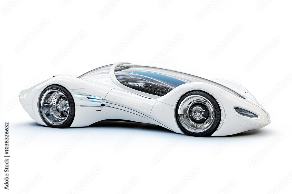 Futuristic White Concept Car with Transparent Cabin. Electric car of the future on a white background Futuristic White Concept Car with Transparent Cabin. Electric car of the future on a white background