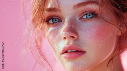 Portrait of beautiful young woman with clean fresh skin on pink background.Generative Ai