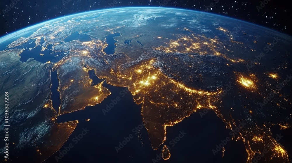 Digital map of the Earth from space, showing lights by night, the Middle East, Africa, and Asia Digital map of the Earth from space, showing lights by night, the Middle East, Africa, and Asia