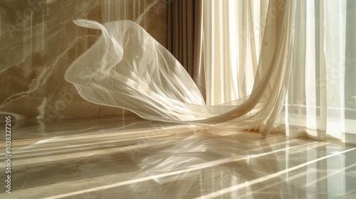 White sheer curtains billowing in the wind, casting shadows on a marble floor.