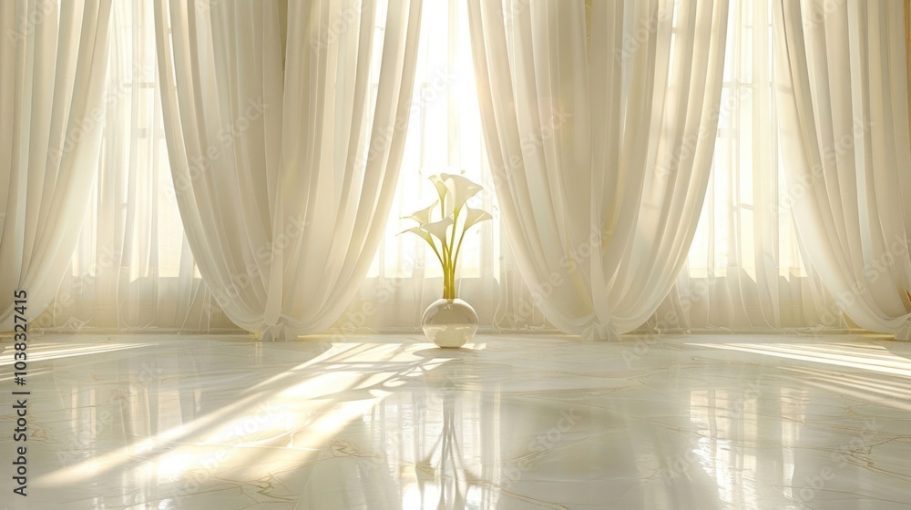A vase of white calla lilies sits on a polished marble floor in front of a large window with sheer curtains, sunlight streams through the window.