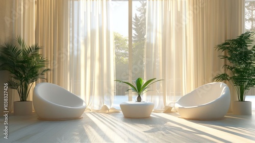 Modern living room interior with white chairs, a table, and plants. Sunlight streams through the large windows, illuminating the space.