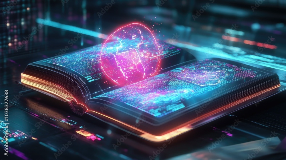 A high-tech digital book opened on a futuristic device, showcasing interactive learning elements and vibrant graphics for modern education. A high-tech digital book opened on a futuristic device, showcasing interactive learning elements and vibrant graphics for modern education.