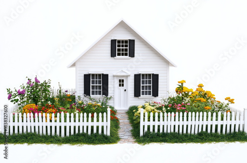 A white picket fence surrounds the house, a white cottage with black shutters. photo