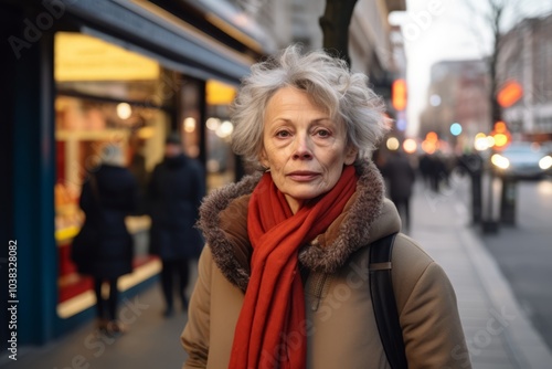 Portrait of a senior woman in the city at winter time.