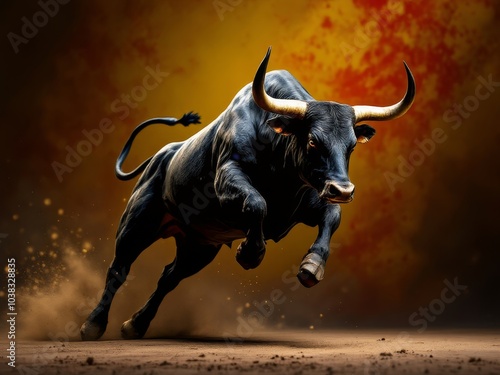 Bull in motion on textured background with colors of Spain flag. Animal symbol of country, national pride, celebration concept.