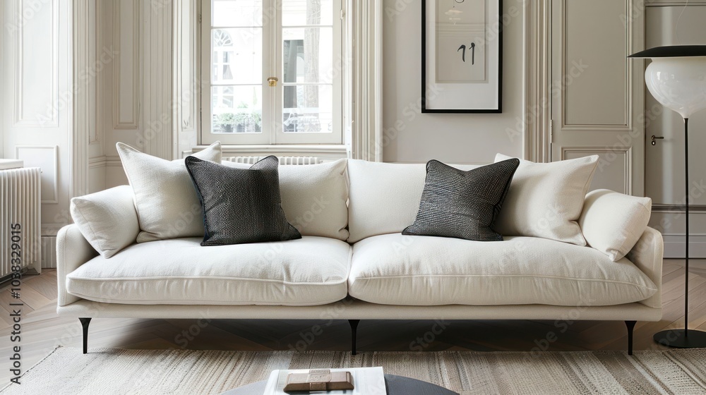 A white sofa with black pillows in a modern living room. A white sofa with black pillows in a modern living room.