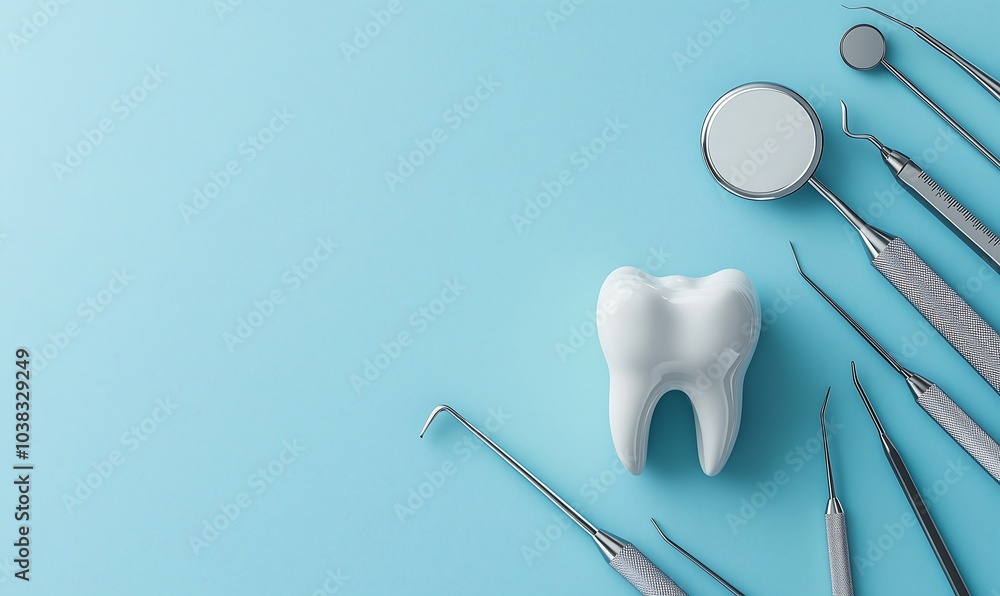 Pastel blue background with teeth and dental tools, copy space, space for text, Generative AI,パステルブルーの背景に歯と歯科用ツール、コピースペース,テキスト用スペース,Generative AI Pastel blue background with teeth and dental tools, copy space, space for text, Generative AI,パステルブルーの背景に歯と歯科用ツール、コピースペース,テキスト用スペース,Generative AI