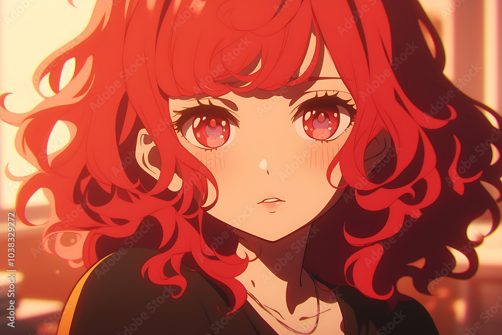 anime girl with curly wavy red hair, anime style anime girl with curly wavy red hair, anime style