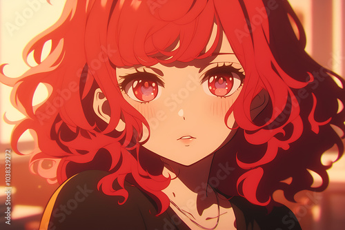 anime girl with curly wavy red hair, anime style