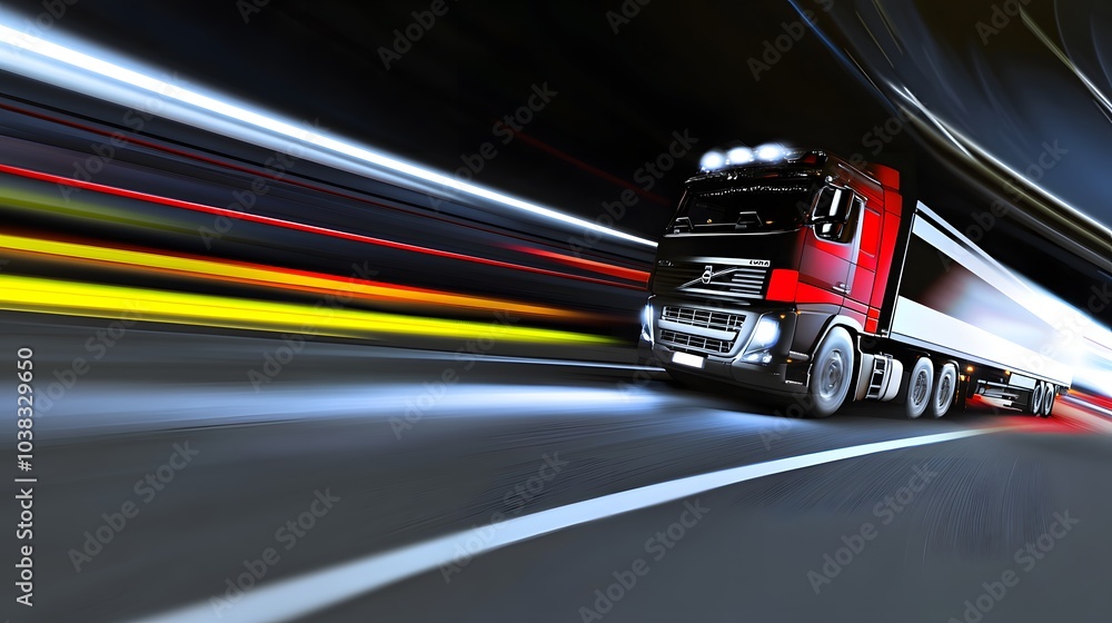 A red semi-truck speeds down a highway at night. A red semi-truck speeds down a highway at night.