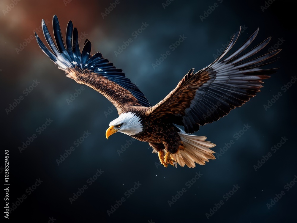 Fototapeta premium Bald eagle flying on the background of american flag. Animal symbol of country, national pride, celebration concept.