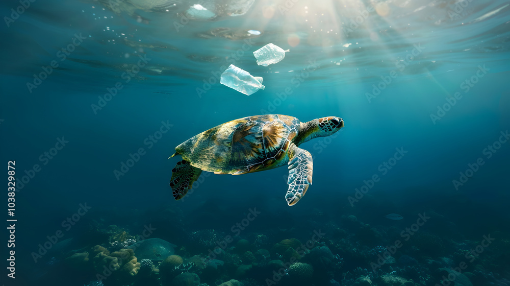Sea Turtle Swimming Through Plastic Pollution in the Ocean Sea Turtle Swimming Through Plastic Pollution in the Ocean
