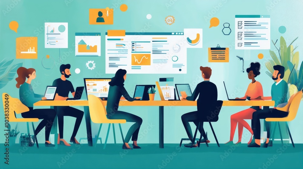 Diverse team using smart tools for collaborative project planning, illustration Diverse team using smart tools for collaborative project planning, illustration