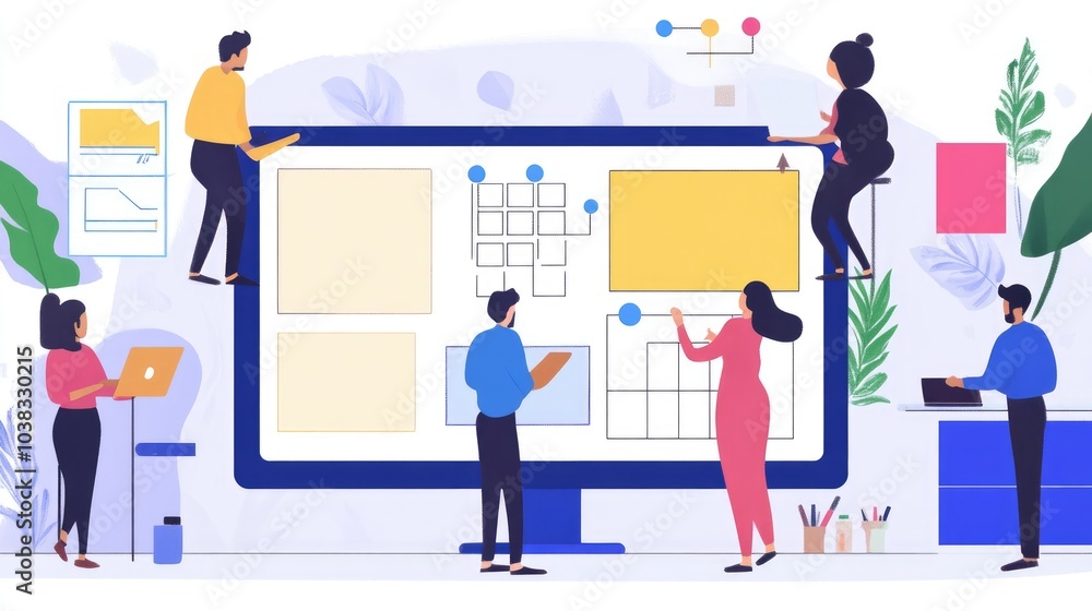 Diverse team using smart tools for collaborative project planning, illustration Diverse team using smart tools for collaborative project planning, illustration