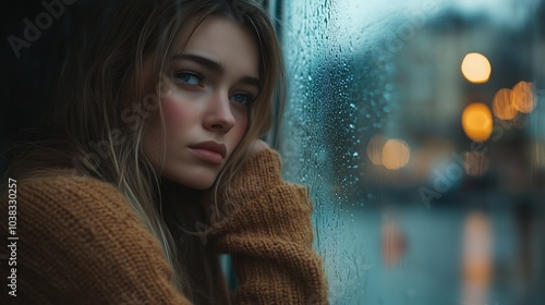 A young woman gazes sadly out a rainy window, deep in thought. The dim light highlights her reflective expression as she contemplates her emotions during a rainy evening photo